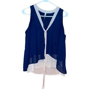 Paper Crane Womens Sleeveless Navy Beige Chiffon Layered Blouse Button Size M